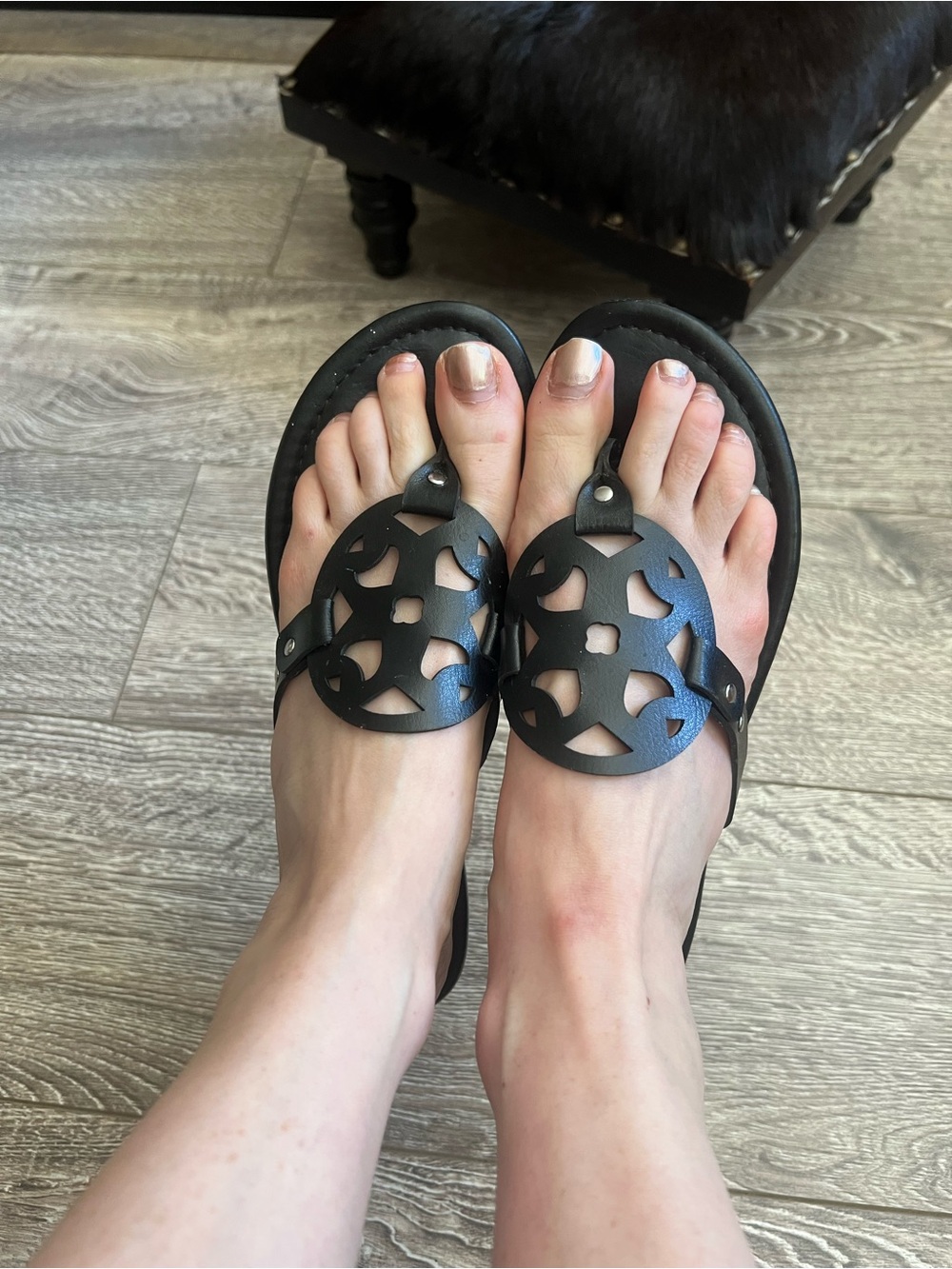 Sugar Black Cutout Round Emblem Slide Sandals